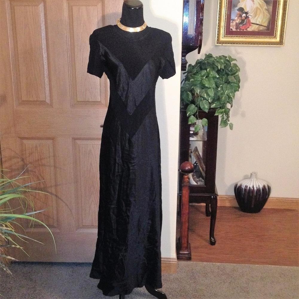 Wild Rose‎ Satin Chevron Maxi Dress Womens Black Vintage 90s Gown